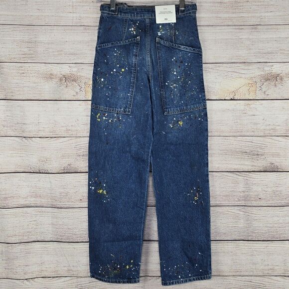Zara Paint Splatter High Rise Cropped Painter Wide Leg Jeans Size 0 NWT - Picture 6 of 10